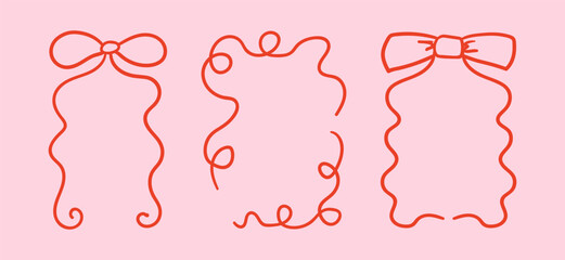 Set of coquette and quirky frames. Vector hand drawn illustration of frames and borders with bows and curly lines. Cliparts for holiday greeting cards and invitations