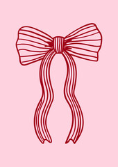 Hand drawn coquette striped bow. Vector linear illustration of elegant ribbon in vintage style. Holiday clipart for birthday, christmas, wedding, valentine's day etc.