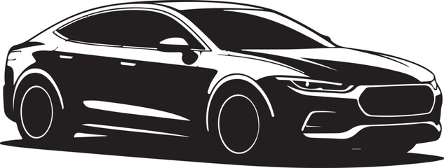 Black and white silhouette of a modern sedan car on a white background automobile