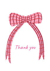 Hand drawn vintage checkered bow with quote thank you. Holiday greeting card in coquette aesthetic