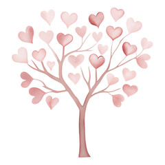 Romantic woodland heart tree illustration with soft pink branches and blooming love shaped leaves