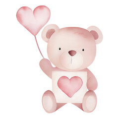 Adorable woodland love teddy bear illustration holding a pink heart balloon and heart sign