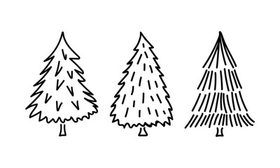 Set of hand drawn doodle christmas trees. Vector line illustrations. Holiday winter clipart 