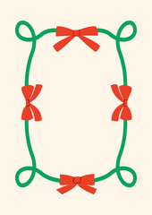 Vintage christmas hand drawn frame with red bows. Holiday template for greeting cards, invitations, posters