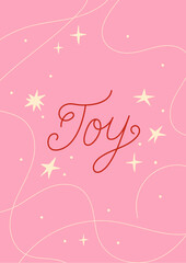 Holiday card with Joy calligraphic quote. Vector hand drawn line illustration. Elegant festive lettering for greeting cards and invitations