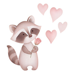 Cute woodland raccoon holding a pink rose with soft pastel hearts for romantic love themed illustration design