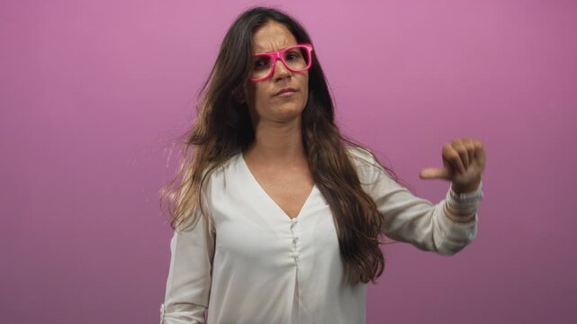Woman pointing index finger upward and giving thumb down in pink studio; disapproval assertiveness firmness.