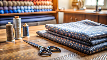Sewing accessories on a table in a tailor shop. Selective focus.