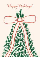 Holiday greeting card with christmas tree, bow and quote happy holidays. Vector hand drawn illustration