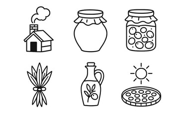 Traditional Preservation Icons. Traditional preservation set linear set: smoke chimney, clay pot, fermentation jar, herb bundle, oil bottle, sun-drying tray.