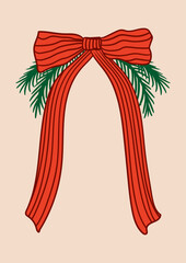 Vector hand drawn illustration of christmas red striped bow and fir branches. Holiday clipart for invitations and greeting cards