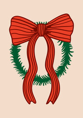 Hand drawn elegant red bow with christmas fir wreath. Vector holiday illustration in vintage style