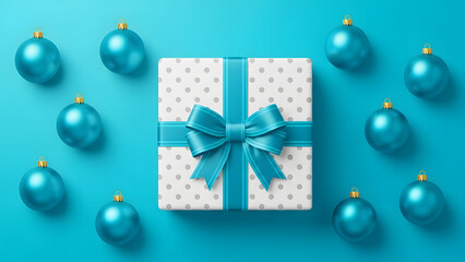 Christmas Gift Box with Blue Ribbon and Ornaments Minimalist 3D Render Abstract Holiday Background Template Simple Clean Design