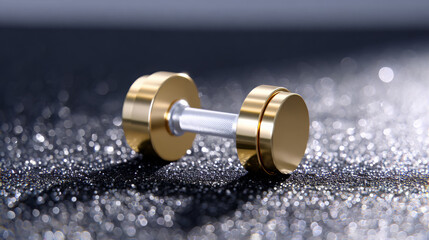 Golden dumbbell resting on a sparkling surface, showcasing its sleek design and craftsmanship, emphasizing fitness and strength training in a modern workout environment