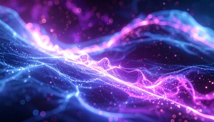 Abstract Glowing Waves of Blue and Purple Light Particles Flowing Through Darkness