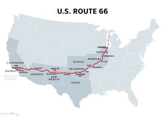 U.S. Route 66, or U.S. Highway 66, the Mother Road, gray political map. Also Will Rogers Highway, and Main Street of America. Historic route from Chicago, Illinois, to Santa Monica, California. Vector
