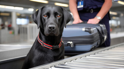 Black Labrador retriever sits beside luggage on conveyor belt at airport security, showcasing the role of service animals in travel and security processes