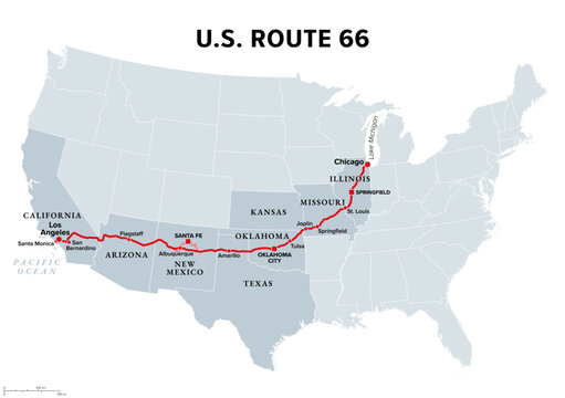 U.S. Route 66, or U.S. Highway 66, the Mother Road, gray political map. Also Will Rogers Highway, and Main Street of America. Historic route from Chicago, Illinois, to Santa Monica, California. Vector