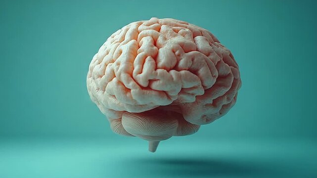 Floating human brain model on teal background