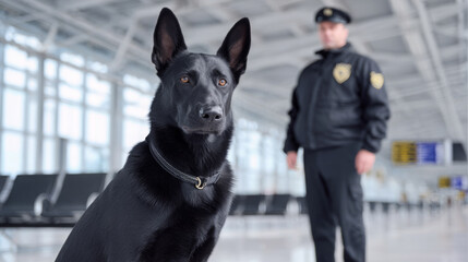 Black dog, a trained security canine, sits attentively in an airport terminal, with a uniformed officer in the background, showcasing the role of service animals in public safety