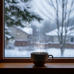 Cozy Winter Morning - Steaming Coffee Cup on Snowy Window Sill with Falling Snowflakes.