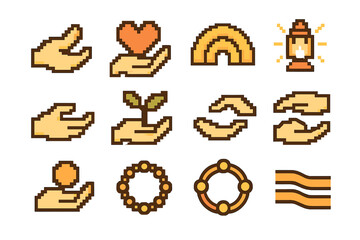 Compassionate Icon Set. Compassionate Care Set pixel style set: caring hand, comfort heart, soft support arc, warm-light beacon, gentle gesture symbol, nurturing sprout,
