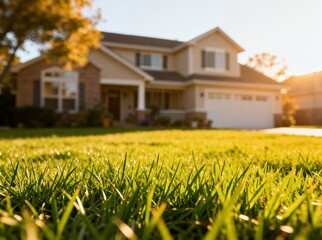 Texas Louisiana Home: Luxury House at Sunset with Green Grass Front Yard