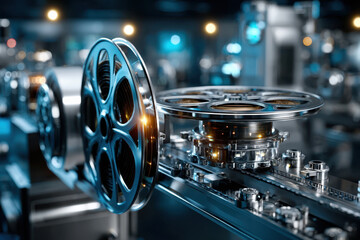 Fototapeta premium Metal film reels spinning in a modern cinema production studio environment