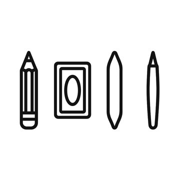 Art Tools Icons. Art Materials linear set: sketch pencil, watercolor pan, blending stump.