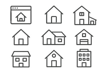 Fototapeta premium Collection of outline icons representing various houses and commercial buildings