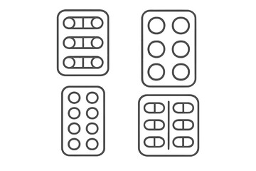 Four blister pack icons showing outline of pills and capsules