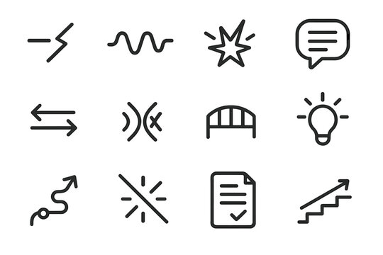 Conflict Resolution Icons. Conflict & Resolution linear set: broken line, tension wave, clash mark, raised voice bubble, contrast arrows, friction symbol, bridge icon, solution