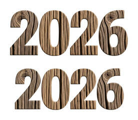 Wooden 2026 numbers display graphic isolated on transparent background