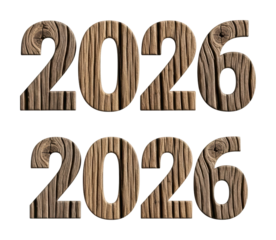Wooden 2026 numbers display graphic isolated on transparent background