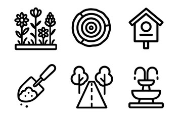 Urban Nature Icons. Urban Nature Exploration linear set: wildflower strip, tree ring, urban birdhouse, soil scoop, green corridor icon, calm fountain.