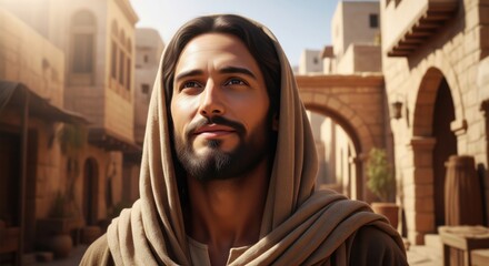 Jesus Christ with ancient Middle Eastern city behind in warm Christmas tones