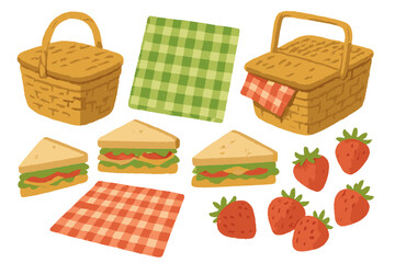Woven picnic basket and checkered blanket with fresh food elements