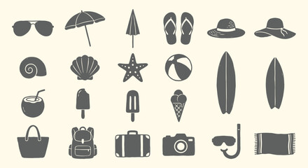 Summer. Beach. Icon Set. A gray vector glyph collection of classic summer and beach vacation icons for a travel blog, a poster, a t-shirt, or a creative design element project asset.