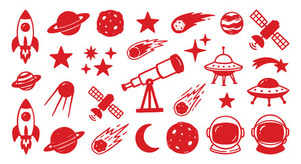 Space. Astronomy. Icon Set. A red vector collection of space and astronomy icons with a grunge texture for a science project, a children's book, a t-shirt, or a creative design. © MH HASIB