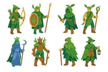 Fototapeta premium Eco Protector Icons. Eco Protector Characters isometric flat set: wildwood ranger, glade-bound sentry, bark-veil scout, vine-tether fighter, moon-grove mystic, root-spire guardian,