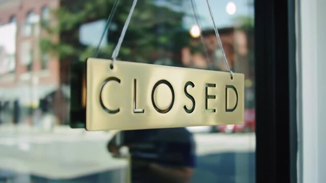 Close-up video of a polished brass 'CLOSED' sign with sans-serif typography, inside an upscale cafe window with dark metal frame, bright reflections, and city bokeh. Business closure concept