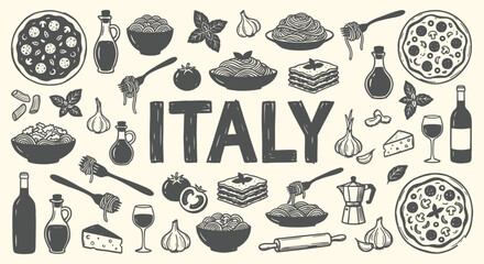 Italy. Italian Food. A black and white hand drawn vector doodle set of classic Italian cuisine for a restaurant menu, a food blog, a cookbook, or a seamless pattern background design.