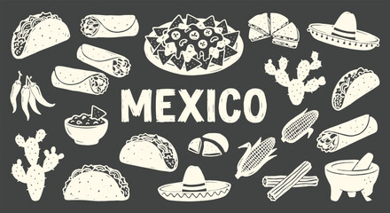 Mexico. Mexican Food. A hand drawn chalk vector doodle set of classic Mexican food on a chalkboard for a restaurant menu, a Cinco de Mayo party, or a food festival poster design. © MH HASIB