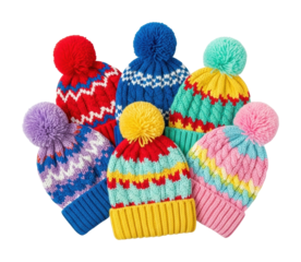 Colorful knitted beanies for winter product isolated on transparent background