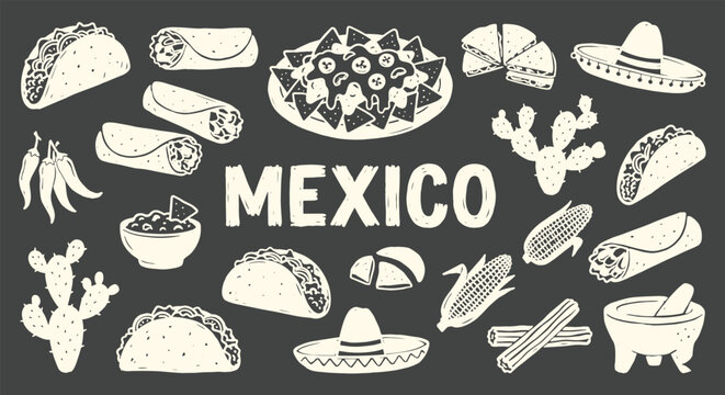 Mexico. Mexican Food. A hand drawn chalk vector doodle set of classic Mexican food on a chalkboard for a restaurant menu, a Cinco de Mayo party, or a food festival poster design.