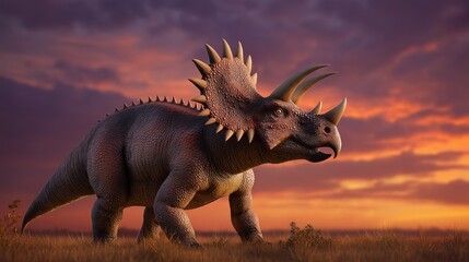 Fototapeta premium Triceratops horridus Walking Across Sunset Plains