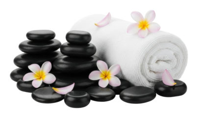 Relaxing spa treatment with stones and flowers serene atmosphere isolated on transparent background