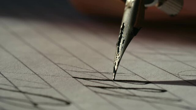 Extreme close up calligrapher hand drawing calligraphic strokes with vintage fountain pen and black ink on lined paper, practicing lettering skills with beautiful penmanship. Calligrapher writing
