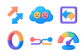 Colorful Isometric Icons. Ambivalence Exploration flat isometric set: dual-arrow icon, mixed-feeling cloud, conflicted choice tile, tension ring, opposing pull lines, clarity gauge