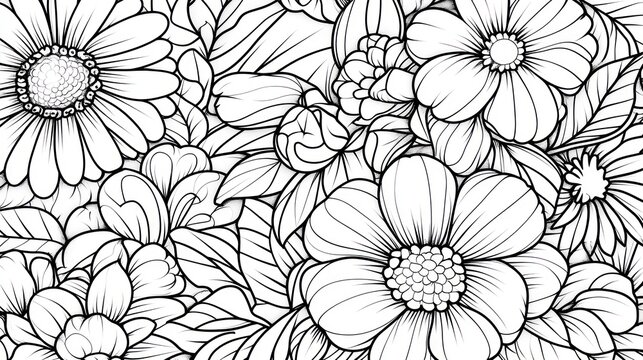 Monochrome floral bouquet, intricate line art, close-up, nature background, coloring page